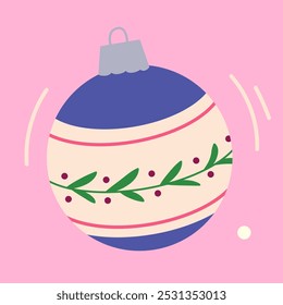 Christmas tree toy with Scandinavian motifs. Vintage baubles. Christmas tree ornament with plant patterns. Xmas holiday toys and decor. Retro Christmas baubles.  Colored flat vector illustration