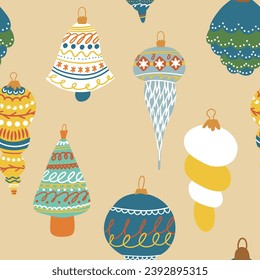 Christmas Tree Toy seamless pattern. Xmas Ball Retro. New year hand drawn toys in vintage style. Bauble with ornament. Cartoon doodle kids wallpaper. Childish vector illustration on beige background