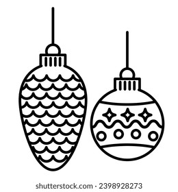 Christmas tree toy in the shape of a cone. Hanging Christmas Bauble Outline Icons set with New Year themed decoration. Vector graphics design for gift cards, banners, mobile app, invitation.

