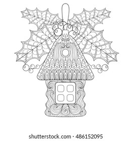 Christmas tree toy in shape of house with mistletoe in zentangle style. Hand drawn Xmas decorative sketch for adult coloring book. Vector illustration for New Year 2017 greeting cards, posters.