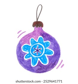 Juguete del árbol de Navidad en forma de una bola púrpura. Doodle dibujando a mano con lápices de colores. Dibujos con crayón. Lindos dibujos para niños. Elemento de diseño dibujado a mano de Navidad y Año Nuevo.