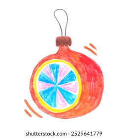 Christmas tree toy in the shape of a red ball. Doodle drawing by hand with colored pencils. Drawings with crayon. Cute children's drawings. Cristmas and New Year's han drawn design element.