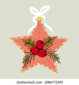 Christmas tree toy in the shape of a star. Festive decoration with fir branches, holly and berries in a simple style.