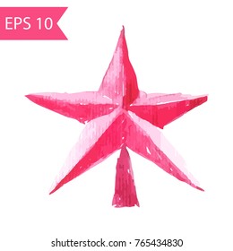 Christmas tree toy in a shape of star. Watercolour vector red star isolated on white background.