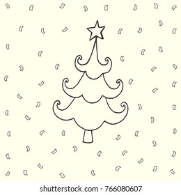 Christmas tree with toy is shape of star. Hand drawn illustration for your design. 