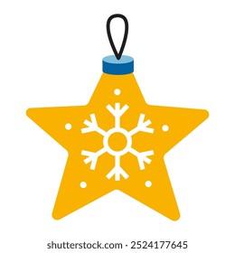 Christmas tree toy in the shape of a yellow star with a snowflake. Trendy modern vector illustration isolated on white background, hand drawn, flat design