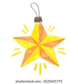 Christmas tree toy in the shape of a yellow star. Doodle drawing by hand with colored pencils. Drawings with crayon. Cute children's drawings. Cristmas and New Year's han drawn design element.