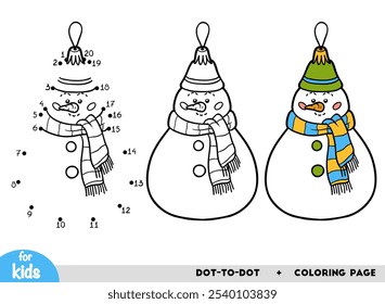Boneco de neve de brinquedo de árvore de Natal, educação ponto a ponto jogo para crianças. Planilha de atividade de Natal