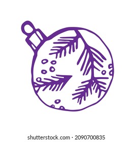 Christmas tree toy with spruce branches and snowflakes. Hand drawn vector illustration in doodle technique. Cozy element for Christmas and New Year's designs, posters, postcards.