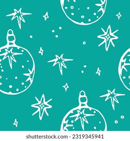 Christmas tree toy with spruce branches and snowflakes. Hand drawn vector pattern in doodle technique. Cozy pattern for Christmas and New Year's designs, posters, wrappings.