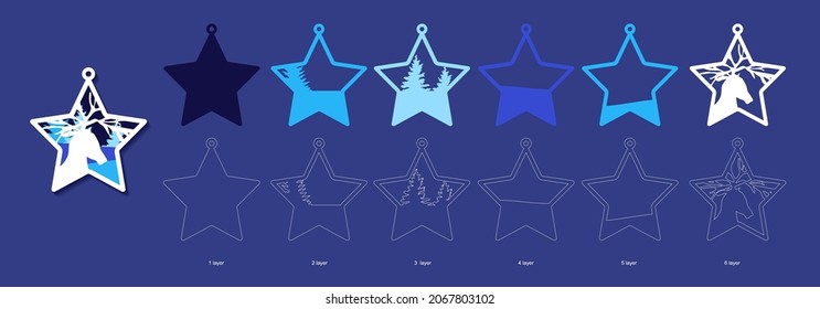 Christmas tree toy template for laser cut with layers. New Year decoration in the star shape with deer and winter landscape. Wooden coloring toy. Vector illustration.