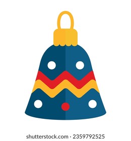 Christmas tree toy vector. Toy in shape of bell decorated with ornaments with zigzag lines and dots. Multicolored flat vector icon representing celebration concept isolated on white background