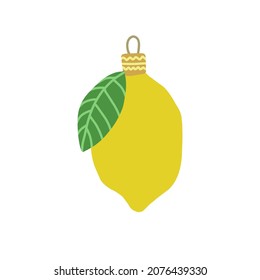 Christmas tree toy - yellow lemon with a green leaf on a white background. Vector hand drawing for cards, labels, printing.