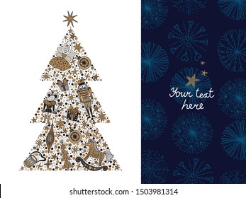 Christmas tree with toys from the ballet Nutcracker. Christmas card in gold and silver colors.