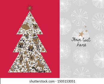 Christmas tree with toys from the ballet Nutcracker. Christmas card in gold and silver colors.