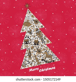 Christmas tree with toys from the ballet Nutcracker. Christmas illustration in gold and silver colors. Postcard.
