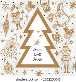 Christmas tree with toys from the ballet Nutcracker. Christmas illustration in gold colors.