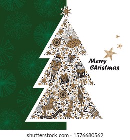 Christmas tree with toys from the ballet Nutcracker. Christmas card in gold and silver colors.