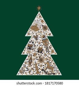 Christmas tree with toys from the ballet Nutcracker. Christmas illustration in gold and silver colors.