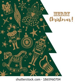 Christmas tree with toys from the ballet Nutcracker. Christmas illustration in gold and silver colors.