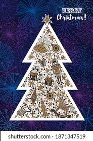 Christmas tree with toys from the ballet Nutcracker. Christmas poster in gold and silver colors.
