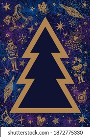 Christmas tree with toys from the ballet Nutcracker. Christmas poster. 