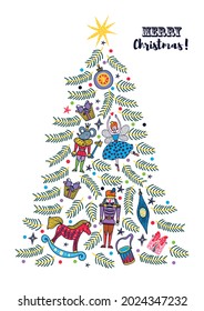 Christmas tree with toys from the ballet Nutcracker. Christmas illustration.