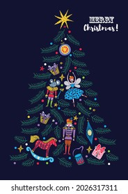 Christmas tree with toys from the ballet Nutcracker. Christmas illustration.