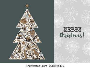 Christmas tree with toys from the ballet Nutcracker. Christmas card in gold and silver colors.