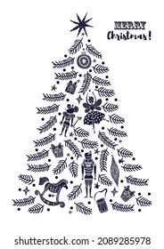 Christmas tree with toys from the ballet Nutcracker. Christmas illustration.