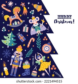 Christmas tree with toys from the ballet Nutcracker. Christmas illustration. Greeting card.