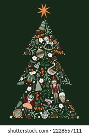 Christmas tree with toys from the ballet Nutcracker. Christmas vintage illustration.