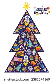 Árbol de Navidad con juguetes del ballet Nutcracker. Ilustración navideña en colores dorados y plateados.