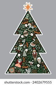 Christmas tree with toys from the ballet Nutcracker. Christmas vintage illustration. Sticker.
