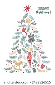 Christmas tree with toys from the ballet Nutcracker. Christmas illustration.