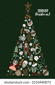 Christmas tree with toys from the ballet Nutcracker. Christmas illustration.