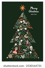 Christmas tree with toys from the ballet Nutcracker. Christmas vintage illustration.