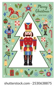 Christmas tree with toys from the ballet Nutcracker. Christmas vintage illustration. Interior poster.