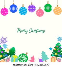 Christmas tree toys balls card/ Happy New Year card/ Multicolor Merry Christmas vector flat invitation