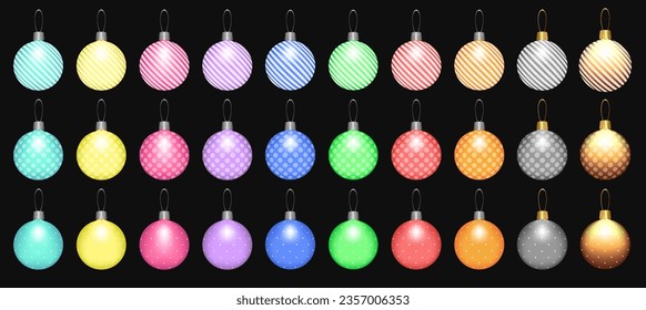 Christmas tree toys or balls collection set isolated on a black background. Christmas decorations. Vector object for xmas design with ornament. Realistic colorful object Illustration. 10 eps