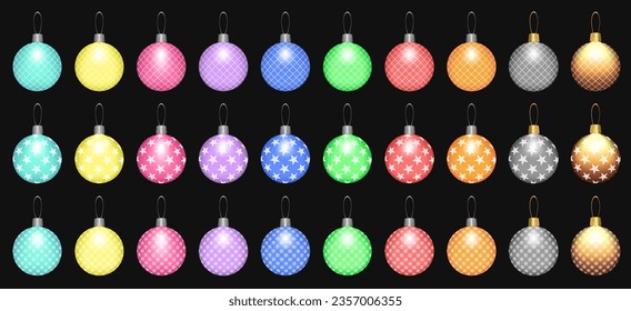 Christmas tree toys or balls collection set isolated on a black background. Christmas decorations. Vector object for xmas design with ornament. Realistic colorful object Illustration. 10 eps