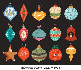 Christmas tree toys and balls. Different shapes new year decorations in retro flat cartoon style. Christmas symbols icons set. Vector illustration collection on dark background