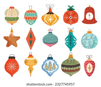 Christmas tree toys and balls. Different shapes new year decorations in retro flat cartoon style with vintage textures. Christmas symbols icons set. Vector illustration collection