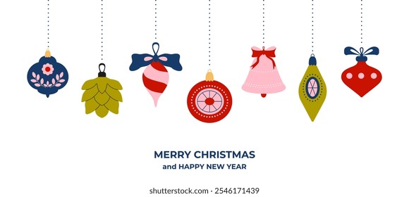 Christmas tree toys and baubles greeting card. Hanging Christmas tree decorations, garland. Festive background, banner, poster, flyer template with typography. Retro vintage style. Vector.