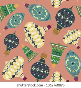 Christmas tree toys and bells seamless pattern. Retro style. For any use
