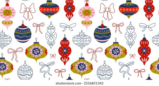 Christmas tree toys and bows seamless pattern. Retro vintage hand-drawn baubles, decorations, garland, ribbons, confetti. Bright colors. Vector background, wallpaper, banner, backdrop.