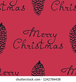 Christmas tree toys, bump pattern with handwritten lettering merry christmas