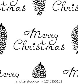 Christmas tree toys, bump pattern with handwritten lettering merry christmas