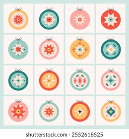 Christmas tree toys collection. Colorful bright Christmas balls. Christmas decorations. Vector illustration in flat style