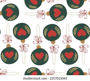 Christmas tree toys. Cute green balls with red hearts and golden branches. Winter festival seamless pattern. 